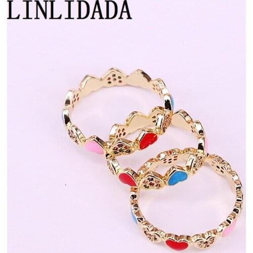 12Pcs 2019 New Fashion Rainbow Zircona &Enamel Heart Gold Color Party Jewelry Finger Rings For Women Girl