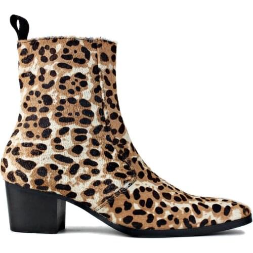 Men Chelsea Ankle Boots Genuine Horse Leather Horse Hair Leopard Boot with Side Zipper Heel Boots designer footwear Beige Brown