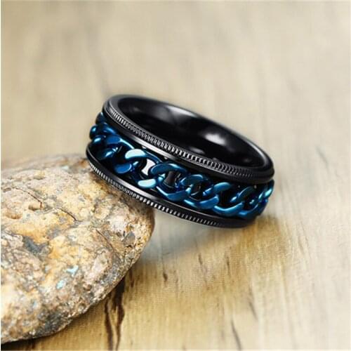 Hip Hop Tready Titanium Steel Mens Blue Cuban Chain Black Ring For Men Jewelry Dropshipping