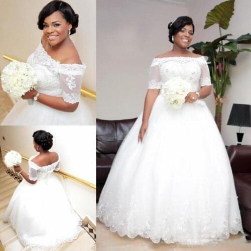 Nigeria Lace Off Shoulder Wedding Dresses Sheer Half Sleeves Beaded Lace Up Plus Size Bridal Gowns African Wedding Vestidos