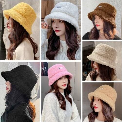 Lamb Faux Fur Bucket Hat Thickened Warm Teddy Velvet Winter Hats For Women Lady Bob Panama Outdoor Plush Fisherman Hat