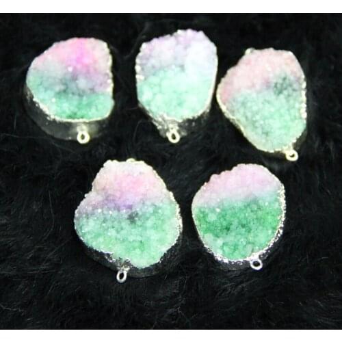 25*35mm) Plated Wrapped Druzy Stone Drop Pendant 4pcs/lot Green Mix Pink Drusy Point Pendant Oval Shape for Chain Necklace