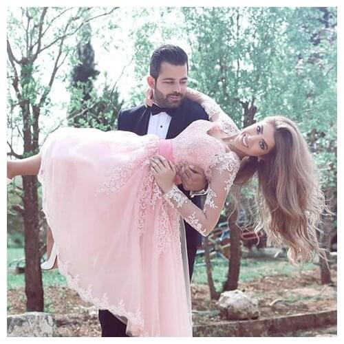 Pink Homecoming Dresses A-line Sweetheart Long Sleeves Tea Length Tulle Appliques Lace Elegant Cocktail Dresses