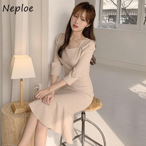 Neploe Korean Chic Autumn Elegant Woman Dress Peach Heart V-neck Robe Three Quarter Vestidos Slim Waist Trumpet / Mermaid