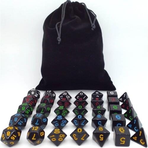 TITANS 35 pcs DND Dado RPG Dice Game New Black with 5 Font Colors Polyhedral Dice Sets with Velvet Bag