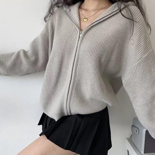 TVVOVVIN Winter Solid Color Loose Long Sleeve Thick Hooded Cardigan Women Top Casual Zipper Knitted Sweater Coat 8ZFD