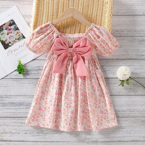 Floral Bohemian Style Girls Dress New Bow Sweet Toddler Children Princess Dresses for Party A-line Square Collar Kids Clothes