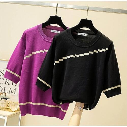 GGRIGHT 2020 Summer Knitted Striped Tshirt Women O Neck Loose Black Purple T-shirts Short Sleeve Womens Clothing Vetement Femme