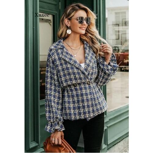 Elegant Women Plaid Tweed Jacket Coat Lantern Sleeve Streetwear Female Outwear Coat Elastic High Waist Ladies Coat Clothing Tops