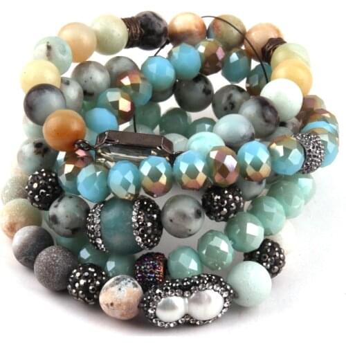 Fashion Jewelry Beautiful Blue Women Bracelet Set Natural Stone & Glass Crystal Pave Bracelets Set