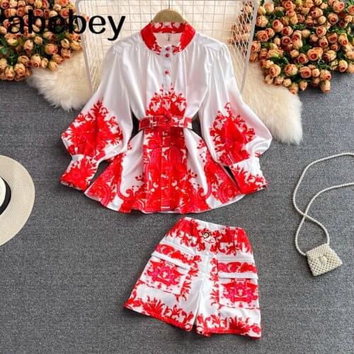 2021 New Spring Autumn Fashion stand collar Lantern Sleeve single breasted Shirt + high waist wide leg print Shorts 2-piece set