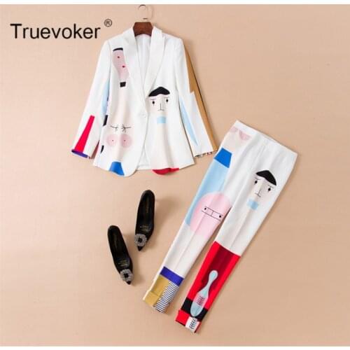 Truevoker Spring Designer Set Suit Womens Top Quality Long Sleeve Cute Colorful Cartoon Printed Blazer Top + Pant Suit Twinset