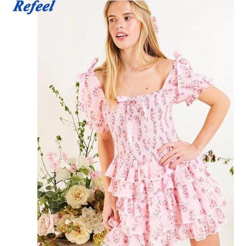 Sweet Bow Floral Print Pink Princess Mini Dress Women Puff Sleeve Sexy Lace Trims Layered Party Dress Lady Summer Short Robe