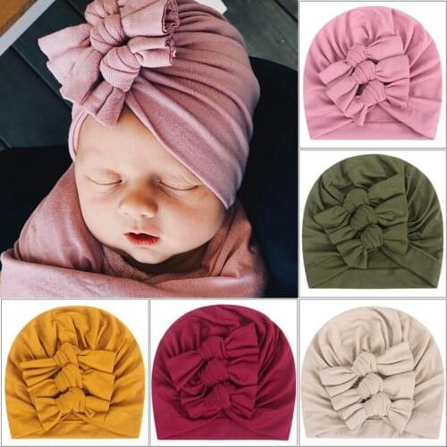 18*18.5 CM Solid Color Handmade Bowknot Elastic Infant Caps Comfortable Soft Knitting Cotton Newborn Hats Kids Hair Accessories