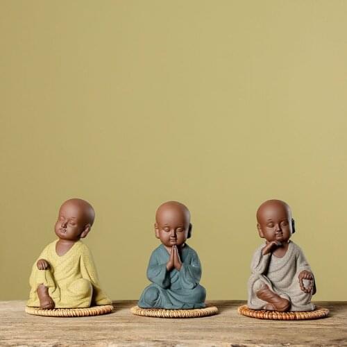 Buddhism Purple Sand Monk Figurines Ceramic Crafts Home Decoration Study Bookcase Desk Ornaments Decoration Chinese Zen Tea Pet
