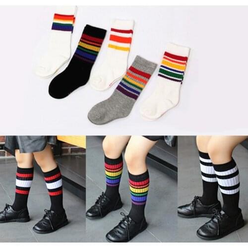 Colorful Kids Knee High Socks Girls Boys Football Stripe Cotton Sports School White Socks Skate Children Baby Long Tube Leg Warm
