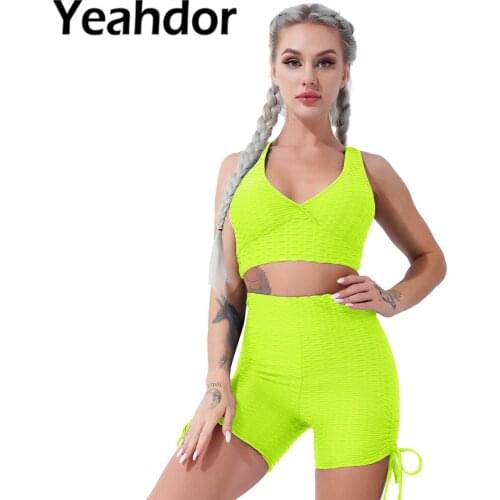 Women Summer Sport Suit Removable Chest Pads Racer Back Cropped Tops and High Waist Shorts Set for Running Gym Yoga Workout
