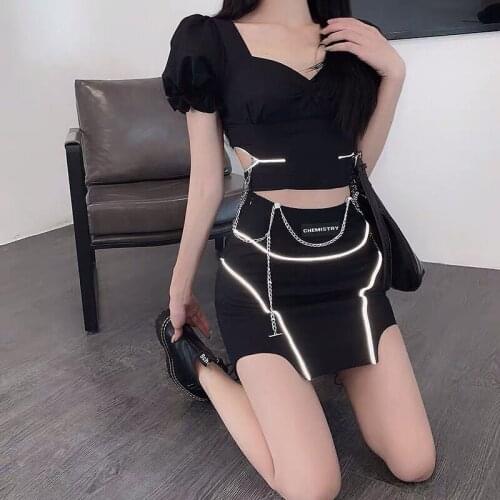 Hipster Lady Puff Sleeve Short-length Hollow Out Square Collar Zip Tshirt Goth Top Black Gothic Sexy Women T Shirt 2021 Summer