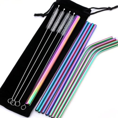 Metal Reusable 304 Stainless Steel Straws Straight Bent Drinking Straw With Case Cleaning Brush Set Party Bar accessory