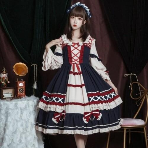 Cute Dress Girls Lolita Op Dress Flouncing Lace Trim Japanese Harajuku Kawaii Long Sleeves Doll Dress Fairy Vestidos 12518