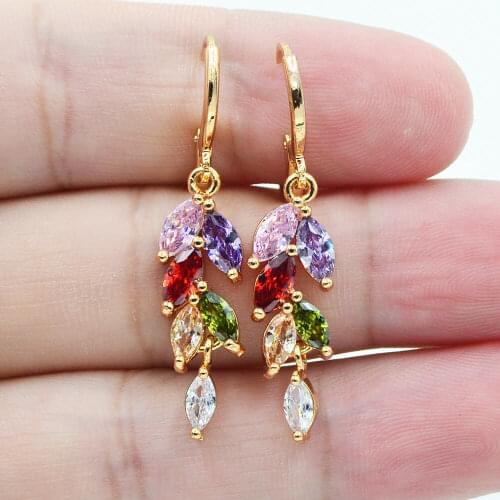 Fashion Jewelry Gold Color Attractive Rainbow CZ Zircon Stone Stylish Leaf Dangle Earrings for Women Dance Party
