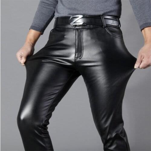 Mens Leather Pants Korean Slim Fit Man Skinny Pencil Pants High Elastic Fashiion Fleece Youth Male Leather Motorcycle Pants