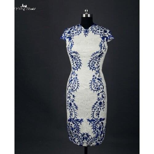 RSW753 Cheap High Quality Embroideried Venice Lace White And Royal Blue Mini Short Wedding Dresses