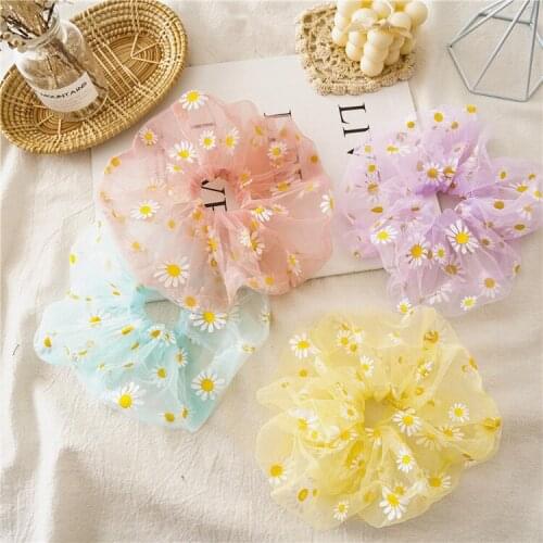 New super large summer Japanese and Korean Daisy netting hairstyle Hand Embroidered Organza large intestine ring