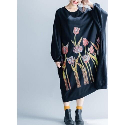 Autumn Winter Dress For Women Loose Ethnic Dress Print Casual Batwing Sleeve Robe Vintage Femme Dress Vestidos AA4465