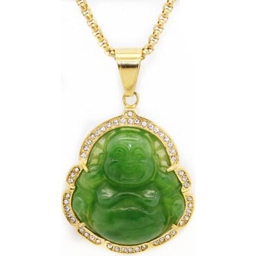 Maitreya Buddha Natural Green Jade Pendant Necklace stainless steel Chinese Hand-carved Charm Jadeite Amulet Gifts for Women Men