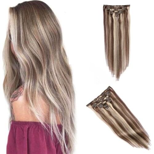Highlights Color Straight Remy Hair 7pcs Clip in Human Hair Extensions Real Natural Hair Extensions