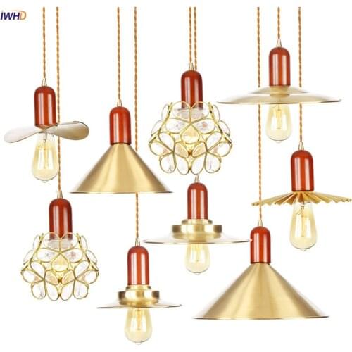 IWHD Nordic Style Modern LED Pendant Lights Fixture Cafe Living Room Bedroom Wooden Copper Hanging Lamp Light Luminaire Lighting