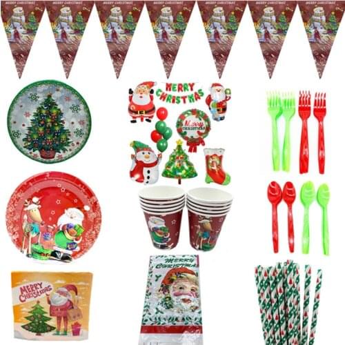 Merry Christmas Santa Claus Plate/Cup/Knife/Spoon/Fork/Napkin/Straw Disposable Party Tableware Set New Year Xmas Party Supplies