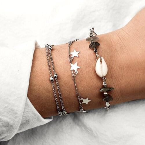 Tocona Beach Silver Color Star Shell Layered Bracelet Set for Women Metal Chains Charms Bracelet Anklets Party Jewelry 6968