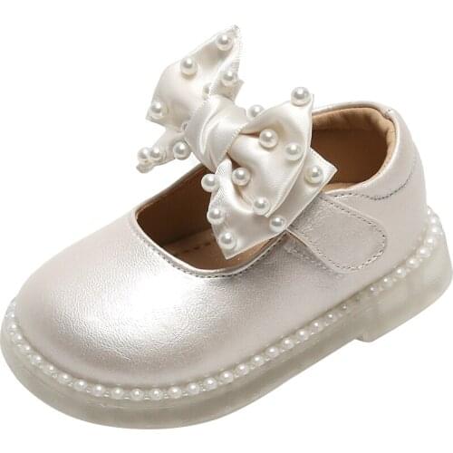 11.5-15.5cm Baby Girl Shoes,Cute Bowtie With Pearls Princess Shoes For Toddlers,Beige Pink Solid Pure Autumn Shoes For Children
