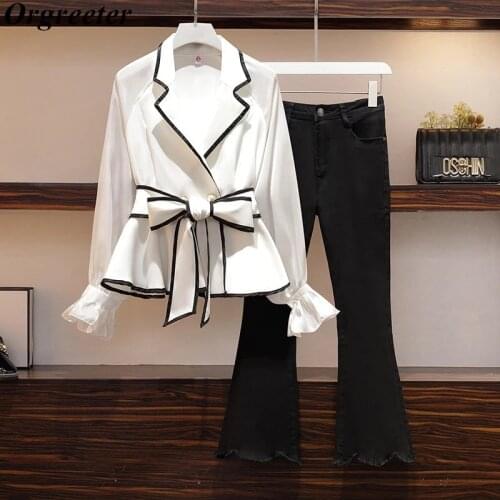 Korean Two piece Set Women 2021 Spring Casual Flare sleeve Chiffon Blouse +Black Denim Pants Suits Work Wear Suit Plus Size Wome