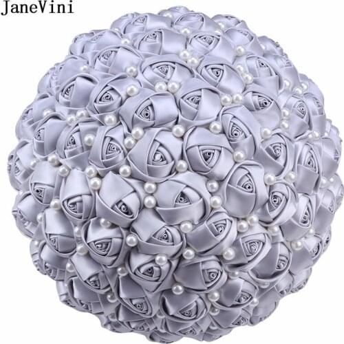 JaneVini Gorgeous 30cm Wedding Bouquet Elegant Pearls Artificial Silver Satin Roses Bridal Bridesmaid Bouquets Flowers Customize
