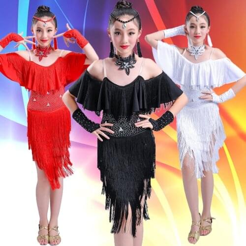 New childrens Latin dance skirt girls fringed bright diamond professional competition clothing children Latin grading costumes