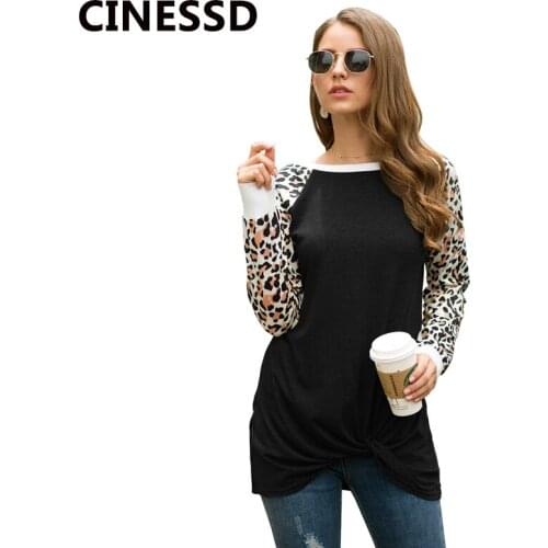 CINESSD Leopard Print Blouse Women Black O Neck Long Sleeve Pullover Casual Tops Knotted Tunic Loose 2019 Autumn Soft Tee Shirts