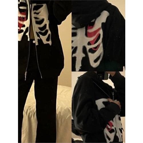 Punk womens zipper sweatshirt Gothic grunge graphic skull print long sleeve hoodie y2k streetwear Harajuku vintage outerwear