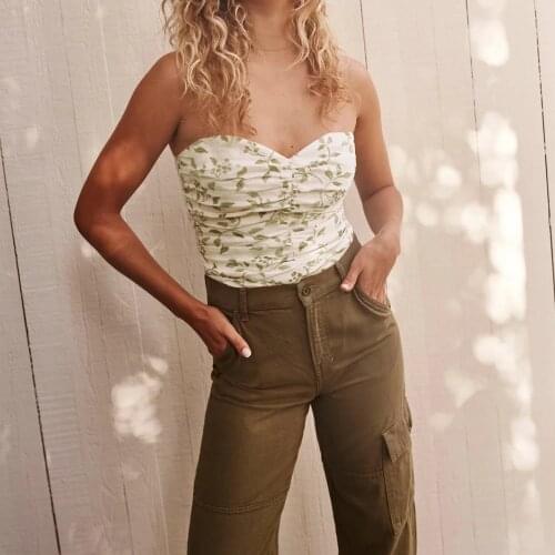 2021 summer halter women floral Strap Tops Printed Cami Cropped Sling shirt Pleated Camisole Ruched Back Elastic mini Blusas