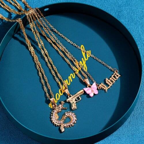 Boho Multi layer Libra letter Pistol Butterfly Dragon Pendant Necklace Gold Color Metal Necklace For Women Punk Hip Hop Jewelry