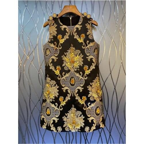 New 2021 Autumn Winter Dress High Quality Women O-Neck Golden Flower Embroidery Deco Sleeveless Casual Vintage Print Dress Black