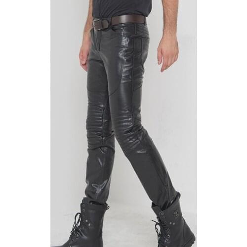 Winter Mens Windproof Motorcycle Genuine Leather Pants Casual Biker Trousers Long Slim Fit Bootcut Natural Cowhide Pencil Pants