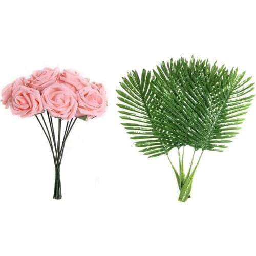 5 Pack Palm Leaves Fake Faux Artificial Plant Leaves Green Single Leaf Palm & 10Pcs Artificial Flower Foam Rose