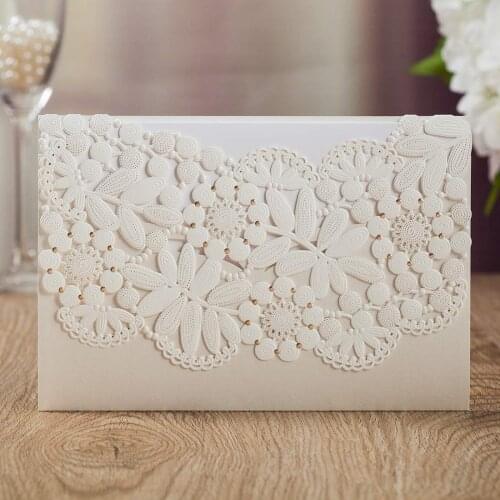 50PCS White Laser Cut Wedding Invitations Cards Lot, Blank Birthday Gift Greeting Cards Customized Party Favors with Envelopes