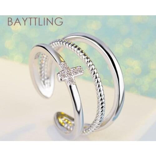 BAYTTLING 925 Sterling Silver Double Cross Zircon Open Ring For Woman Fashion Charm Wedding Jewelry Gift