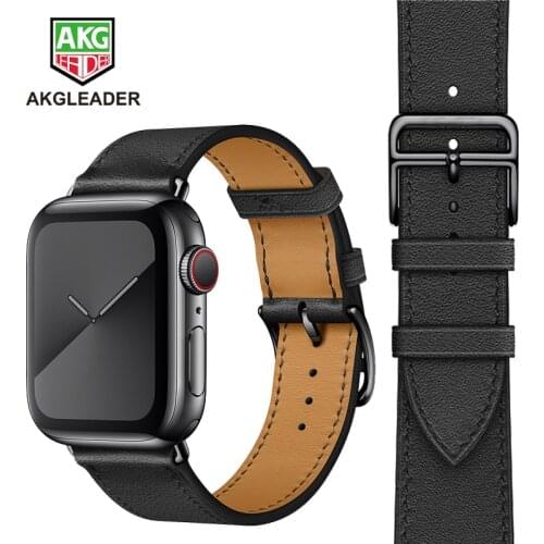 AKGLEADER Bracelet For Apple Watch Series 5 4 40/44mm Watchband Genunine Leather BLACK Buckle Wrst Strap For Apple Watch 3 2