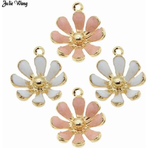 Julie Wang 10pcs Mixed Alloy Daisy Flower Enamel Charms Earring Necklace Pendant DIY Women Bracelet Making Keychain Accessories
