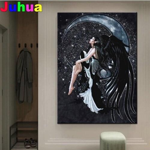 Full Square Round diamond painting Moon Black Angel 5D DIY diamond embroidery cross stitch mosaic picture of rhinestones Decor